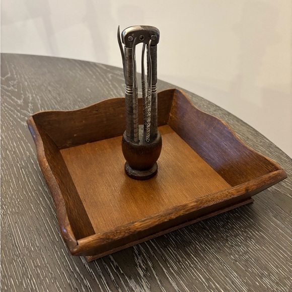 Vintage Square Wooden Nut Bowl With Nutcracker & 4 Picks Rustic Cabin Decor - Picture 2 of 7